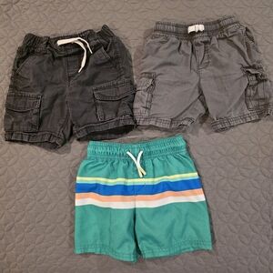 Boys 2T Shorts Bundle: Dark & Med Gray Cargo Shorts & Green Striped Swim Trunks